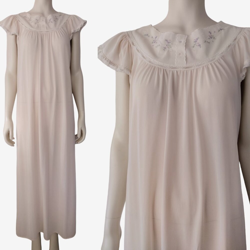 Vintage 1980s Light Pink Nylon Floral Embroidered Maxi Nightgown Size M